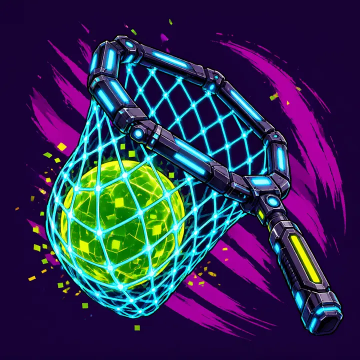 The Net specimen: the jointed arm, the cyan mesh, the captured sphere and the striped handle